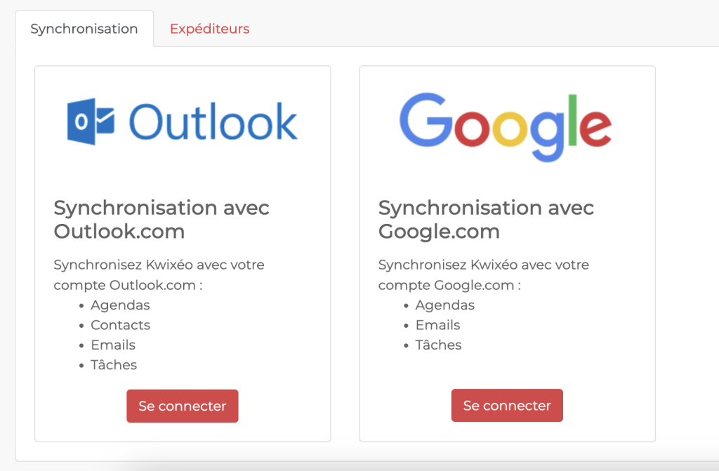 Connexion de Kwixéo aux services Outlook et Google