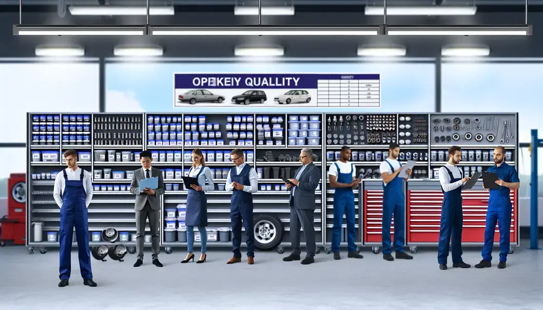 Responsable d'atelier consultant une tablette devant des étagères organisées de pièces détachées avec codes-barres, livraison visible à l'extérieur.