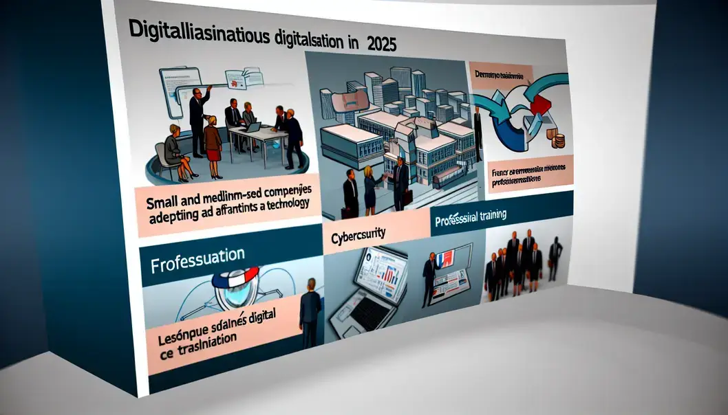 Trois professionnels autour d'un ordinateur étudiant un tableau de bord de digitalisation et des documents de subvention, bureau moderne, ambiance positive.