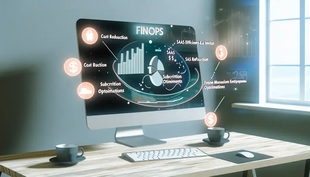 Équipe de petite entreprise autour d'un ordinateur affichant un tableau de bord de gestion d'abonnements SaaS, factures et graphiques, en contexte de réunion.