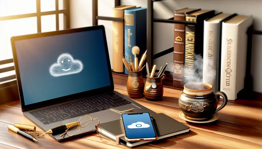 Artisan et indépendant travaillant à distance dans un atelier lumineux, utilisant un ordinateur et une tablette pour collaborer via des outils cloud sécurisés.