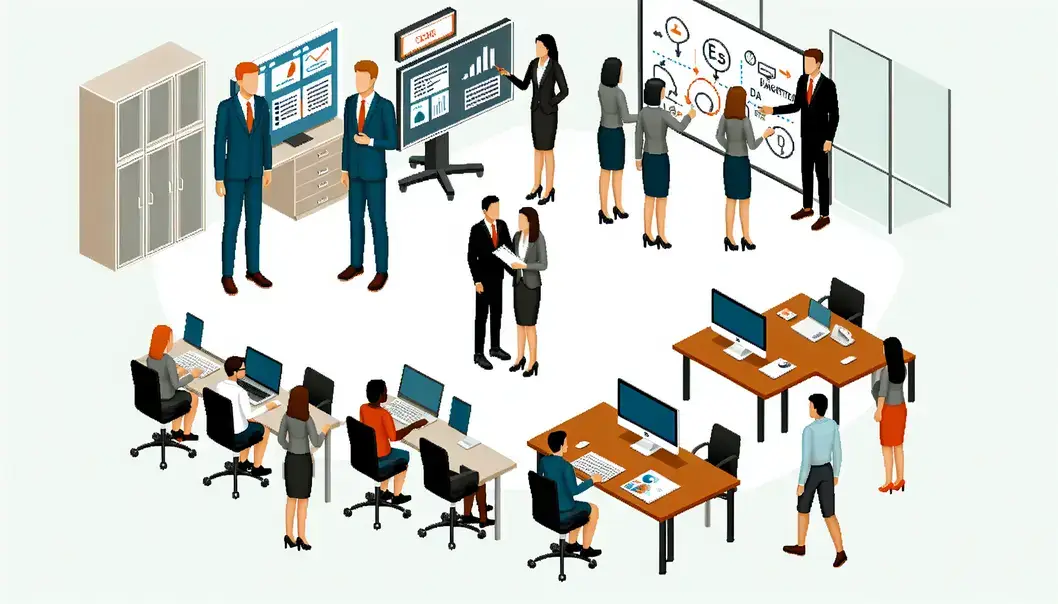 Trois personnes dans un bureau moderne collaborent autour d’un ordinateur portable, d’un tableau blanc avec des workflows et d’une tablette montrant des tableaux de bord CRM.