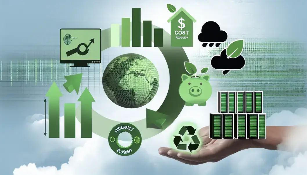 Bureau lumineux d’une petite entreprise avec panneaux solaires visibles à l’extérieur, un rack de serveurs éco-efficients, employés utilisant du matériel reconditionné, bacs de recyclage et écran montrant économies d’énergie.