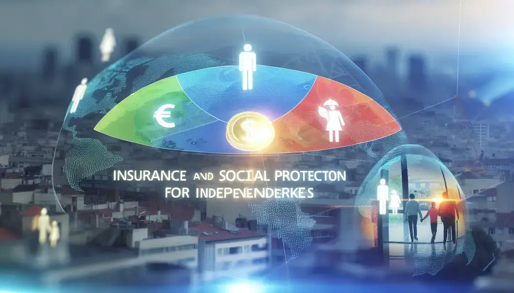 Un entrepreneur et un conseiller autour d'un bureau discutent de contrats d'assurance et de protection sociale, avec un ordinateur affichant des graphiques.