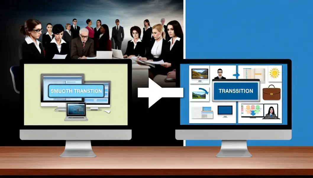 Trois personnes autour d'un ordinateur portable préparant la migration d'un logiciel de gestion, avec tableau de planification et documents sur la table.